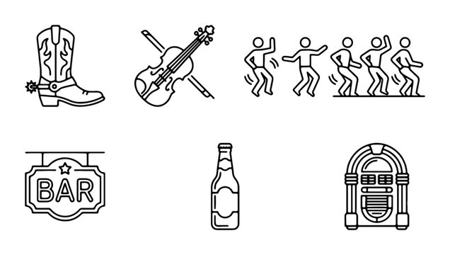 Country Music Icons: Cowboy Boot, Fiddle, Dancing Figures, Bar Sign, Beer Bottle, Jukebox