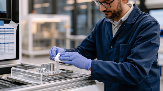 Stainless steel 3D-printed hip implant component cooling on a powder removal station as a biomedical engineer brushes residual metal dust away with a soft tool, build plate data sheet taped to the e