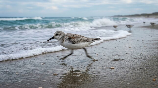 A sandpiper bird walking on a beach with waves in the background.