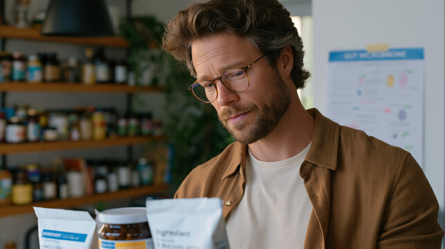 Man in modest apartment kitchen reading ingredient labels with gut microbiome reference chart taped nearby, educated consumer food shopping knowledge, digestive health research and label literacy co