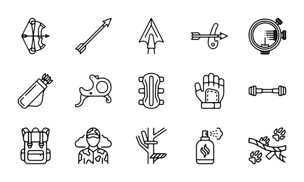 Archery Equipment Icons, Bow and Arrow Gear Vector Set, Sports and Outdoor Activity Symbols
