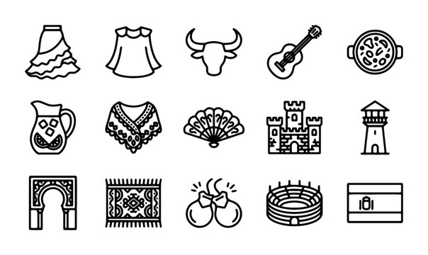 Spanish Culture Icons Set: Flamenco Dress, Bull, Guitar, Castle, Bullring, Fan, Flag