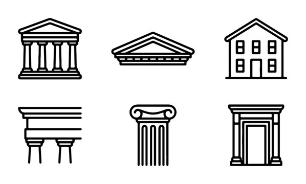Architectural Elements Icons: Classical Columns, Pediments, Facades, Buildings, Government Structures