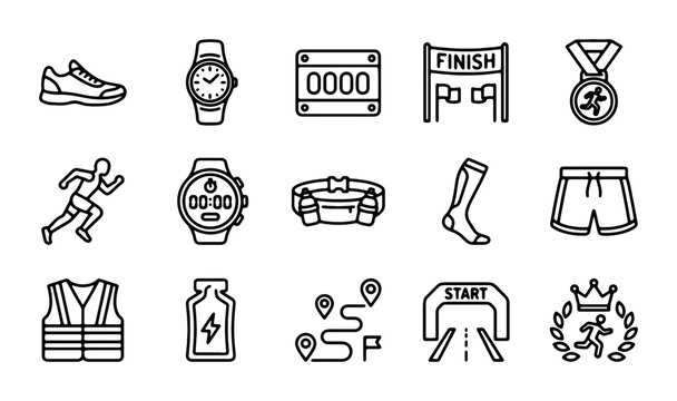 Running Sports Icons Set, Marathon Race Elements, Fitness Gear Vector Graphics, Athletic Competition Symbols