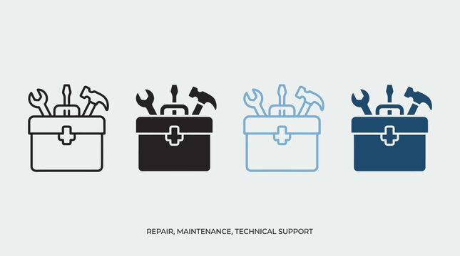Four toolbox icons with tools&mdash;wrench, screwdriver, hammer&mdash;in outlined, solid black, light blue, and dark blue styles, symbolizing repair and maintenance.