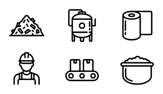 Industrial Icons: Worker, Conveyor Belt, Tank, Raw Materials, Waste Pile, Paper Roll