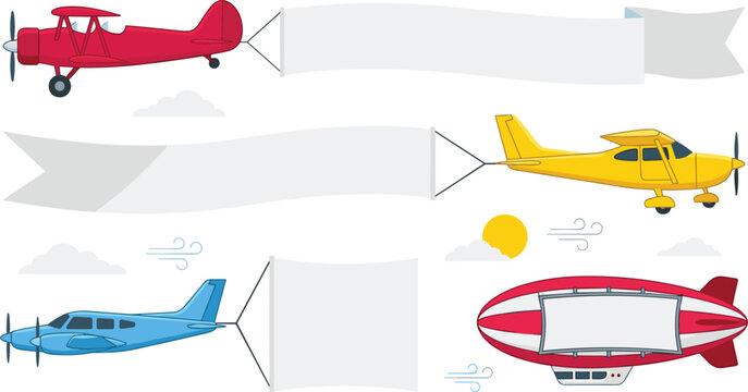 Vintage Airplane and Blimp Aerial Advertising Banner Vector Set with Biplane, Light Aircraft, and Zeppelin Mockups for Sky Message Marketing and Graphic Designs