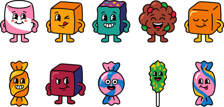 Colorful cartoon candy characters with smiling faces and legs