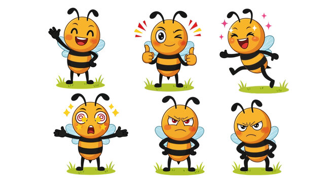 Cute bee emojis, funny cartoon bees, dancing insects, emoticon characters