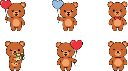 Fototapeta premium Cute Teddy Bear Character Vector Set with Little Bears Holding Heart Balloons, Flower Bouquet, and Wearing Bowtie for Valentine Day, Baby Shower, and Kids Birthday Designs