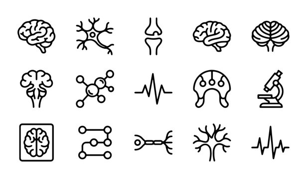 Neurology Icons Set, Brain and Neuron Vector Graphics, Medical Science and Healthcare Symbols