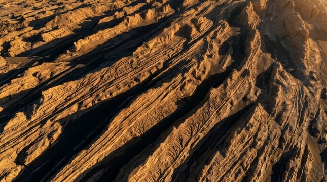 Aerial view of desert yardangs with dramatic geometric shadows at sunset