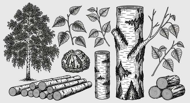 Birch tree, wood, logs, timber, forest, nature, illustration, black and white, vector graphics, 12 elements