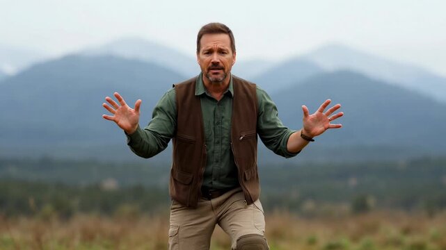 Male scientist speaking outdoors in mountain valley wearing fieldwear