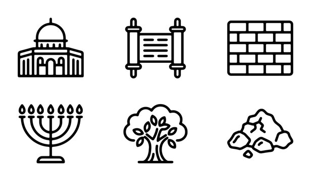 Jewish Symbols Icons Set, Religious Culture, Jerusalem Temple, Menorah, Torah Scroll, Tree