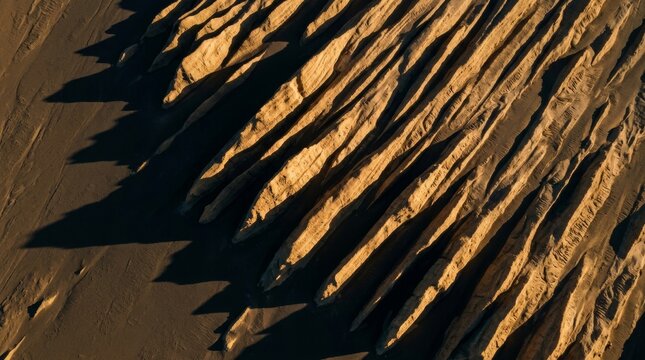 Aerial View of Desert Yardangs with Dramatic Geometric Shadows