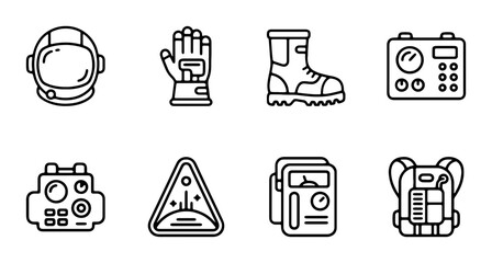 Space Exploration Icons: Astronaut Helmet, Glove, Boot, Equipment, Backpack, Science Vector Set © Ashikur