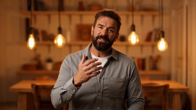 Bearded man posing in modern loft space with hanging pendant lights