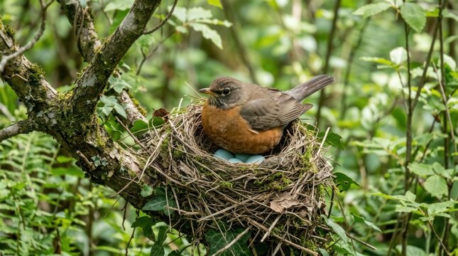 A robin bird perched on a nest with an egg in a lush green forest.