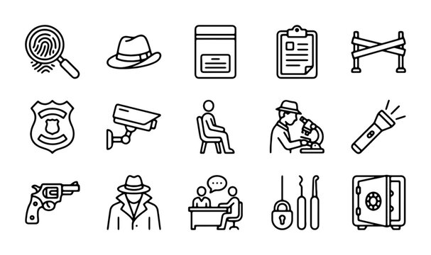 Crime Scene Investigation Icons, Detective Tools, Law Enforcement Symbols, Forensic Evidence Vector Set