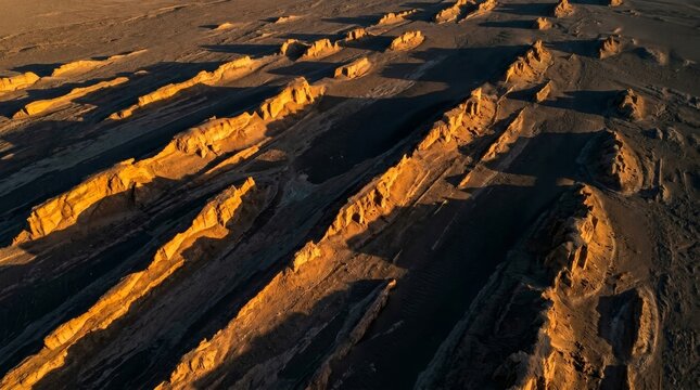 Aerial View of Desert Yardangs with Geometric Shadows at Golden Hour