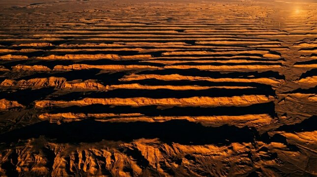 Aerial View of Desert Yardangs with Geometric Shadows at Sunset