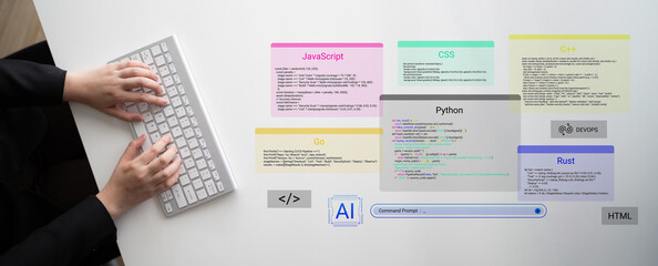 A focused individual types on a keyboard, surrounded by colorful displays of programming languages,...