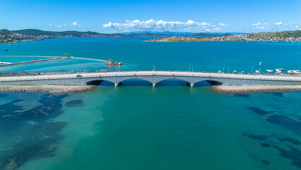 Fototapeta premium Aerial Drone View of Historic Arch Bridge Connecting Islands in Ayvalik Turkey