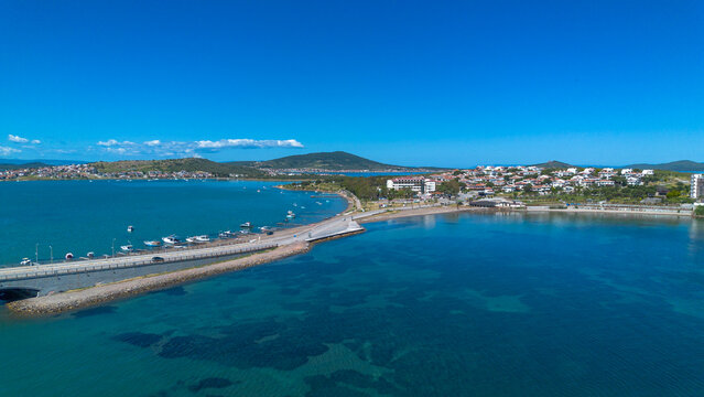 Aerial Drone View of Lale Island Coastline and Coastal Houses in Ayvalik Turkey