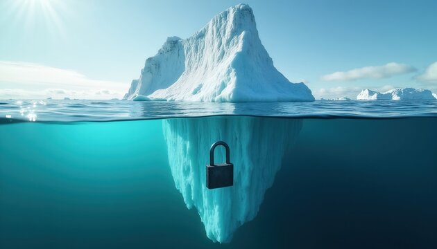 Submerged iceberg features lock underwater symbolizing hidden secrets and data security. Vast ocean expanse with bright sun above ice mass. Cold deep water surrounds massive frozen island in Arctic.