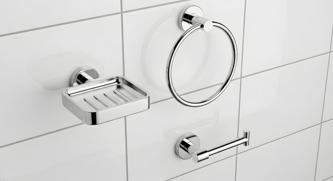 Modern bathroom accessories including soap dish, towel ring, and toilet paper holder mounted on white tiled wall with shiny chrome finish and sleek design