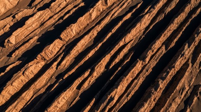 Aerial View of Desert Yardangs with Dramatic Geometric Shadows at Sunrise