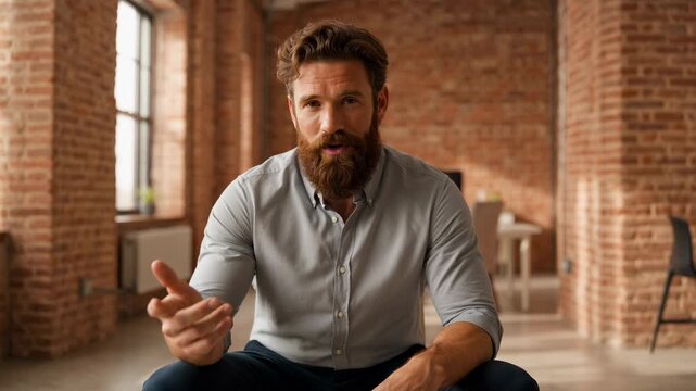 Bearded man speaking in modern loft space with brick walls