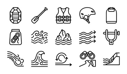White Water Rafting Icons, Adventure Sports Equipment, Outdoor Recreation Symbols, Vector Set © Murad