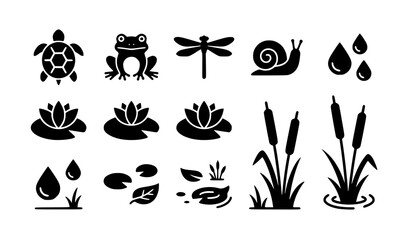 Pond Life Icons Black Vector Set with Turtle Frog Dragonfly and Water Plants © Rakibul