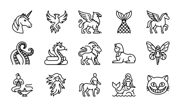 Mythical Creatures Vector Icons Set: Fantasy Beasts, Legends, Folklore Symbols