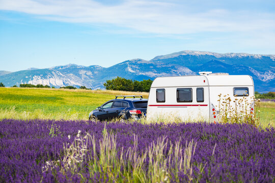 Caravan trailer camping at lavender field in Provence France