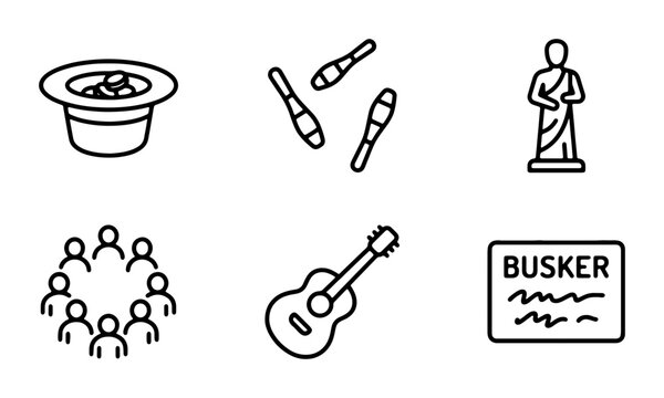 Busker Performance Icons: Hat, Juggling Pins, Statue, Audience, Guitar, Sign