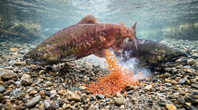 Two salmon swimming in water with eggs. The fish concept of aquatic life.