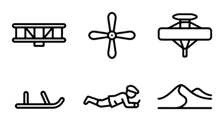 Vintage Aviation and Adventure Icons: Biplane, Propeller, Sled, Dune, Pilot, Gyroplane © Arman