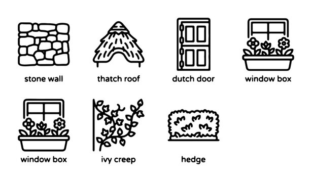 Rustic Architectural Elements: Stone Wall, Thatch Roof, Dutch Door, Window Box, Ivy, Hedge Icons