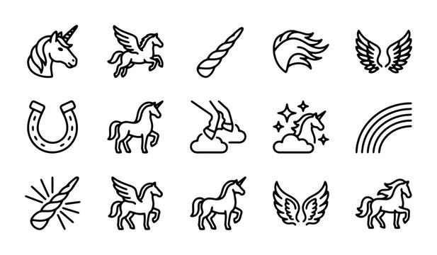 Magical Unicorn and Pegasus Icons Set, Fantasy Creature Symbols, Mythical Horse Elements, Rainbow and Horseshoe Graphics, Vector Art Collection