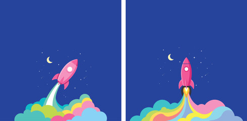 Cute Rocket Launch Illustration Collection with Colorful Space Adventure Scenes for Children and Graphic Design Projects © Joy