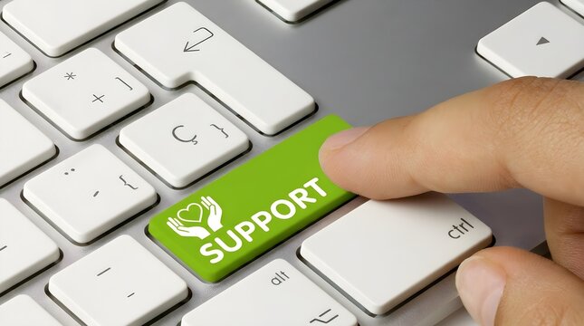 Close-up of finger pressing green support button on computer keyboard for help and assistance