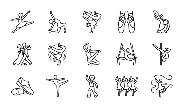 Diverse Dance Styles Vector Icons Set: Ballet, Ballroom, Hip Hop, Aerial, Pole, Breakdance, Contemporary, Jazz, Tap, Performance Art, Movement, Fitness, Expression, Creative Arts