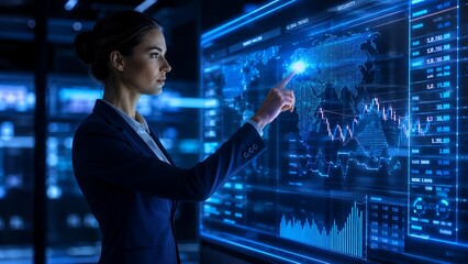 Fototapeta premium Professional businesswoman interacting with a futuristic digital interface showing global financial market trends, data analytics, and world map in a hightech dark office environment
