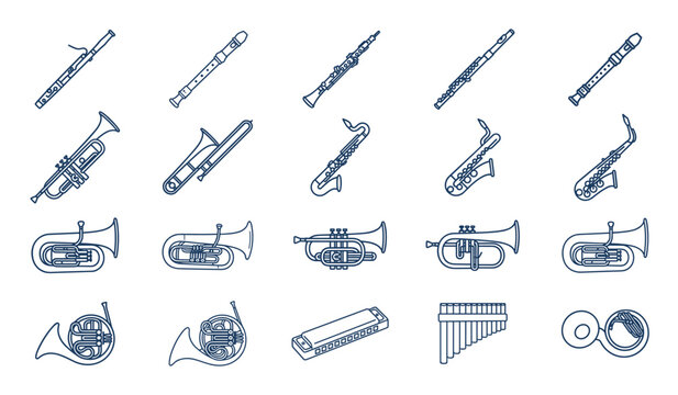 Musical Instrument Icon Collection with Wind Brass and Woodwind Symbols for Orchestra Graphic Design and Music Projects