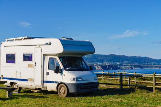 Camper on sea coast in Asturias Spain.