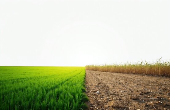 Vast green field meets dry cracked earth under bright sky. Lush crops grow on one side, arid land on the other representing disparity. Rural landscape shows clear division in fertile ground.