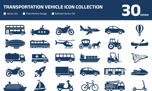 Transportation Vehicle Icon Collection with Travel Transit and Delivery Symbols for Logistics and Graphic Design Projects